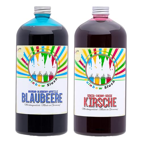 Rainbow Slush Sirup AZO FREI | 2x1 Liter Flasche | Konzentrat für Slushy Maker Eis Slushmaschinen Eismaschinen Getränke 1:5 bis 1:20 (1xKirsche/1xBlaubeere) von Hopser Food Fun