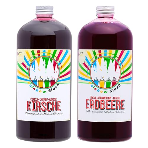 Rainbow Slush Sirup AZO FREI | 2x1 Liter Flasche | Konzentrat für Slushy Maker Eis Slushmaschinen Eismaschinen Getränke 1:5 bis 1:20 (1xKirsche/1xErdbeere) von Hopser Food Fun