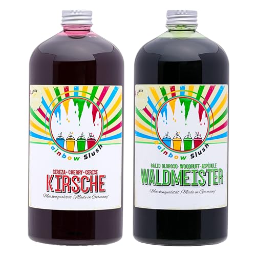 Rainbow Slush Sirup AZO FREI | 2x1 Liter Flasche | Konzentrat für Slushy Maker Eis Slushmaschinen Eismaschinen Getränke 1:5 bis 1:20 (1xKirsche/1xWaldmeister) von Hopser Food Fun