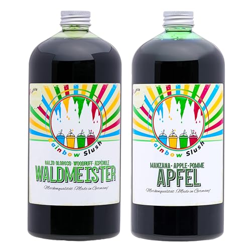 Rainbow Slush Sirup AZO FREI | 2x1 Liter Flasche | Konzentrat für Slushy Maker Eis Slushmaschinen Eismaschinen Getränke 1:5 bis 1:20 (1xWaldmeister/1xApfel) von Hopser Food Fun