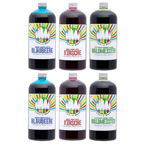 Rainbow Slush Sirup AZO FREI | 6x1 Liter Flasche | Konzentrat für Slushy Maker Eis Slushmaschinen Eismaschinen Getränke 1:5 bis 1:20 (2xBlaubeer/2xKirsche/2xWaldmeister) von Hopser Food Fun