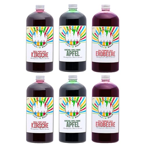 Rainbow Slush Sirup AZO FREI | 6x1 Liter Flasche | Konzentrat für Slushy Maker Eis Slushmaschinen Eismaschinen Getränke 1:5 bis 1:20 (2xErdbeere/2xKirsche/2xApfel) von Hopser Food Fun