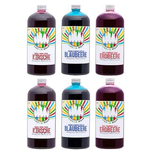 Rainbow Slush Sirup AZO FREI | 6x1 Liter Flasche | Konzentrat für Slushy Maker Eis Slushmaschinen Eismaschinen Getränke 1:5 bis 1:20 (2xErdbeere/2xKirsche/2xBlaubeere) von Hopser Food Fun