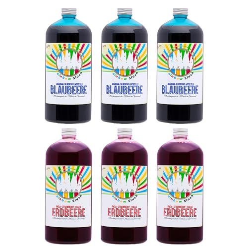 Rainbow Slush Sirup AZO FREI | 6x1 Liter Flasche | Konzentrat für Slushy Maker Eis Slushmaschinen Eismaschinen Getränke 1:5 bis 1:20 (3xBlaubeere/3xErdbeere) von Hopser Food Fun