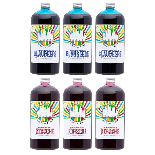 Rainbow Slush Sirup AZO FREI | 6x1 Liter Flasche | Konzentrat für Slushy Maker Eis Slushmaschinen Eismaschinen Getränke 1:5 bis 1:20 (3xBlaubeere/3xKirsche) von Hopser Food Fun