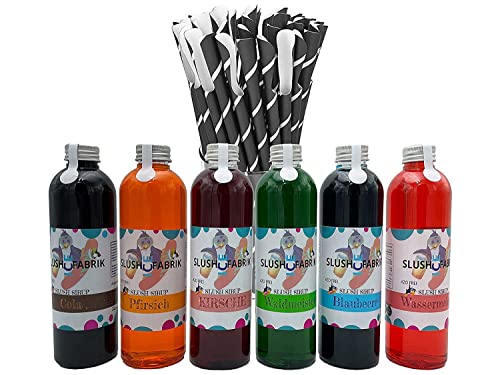 Sirup Partyset 6 x 250ml + 40 Löffelstrohhalme aus Papier für Slush, Getränke | Slushy Eis selber machen | Slushmaschine Konzentrat 1:5, Keine Zugabe von Zucker notwendig von Hopser Food Fun