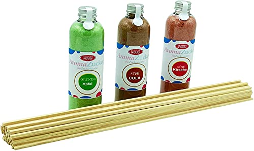 Zucker für Zuckerwatte 3 x 230 Gramm für Zuckerwattemaschine Inklusive 50 Zuckerwattestäbe (Set 2 Apfel, Cola, Kirsche + 50 Stäbe) von Hopser Food Fun