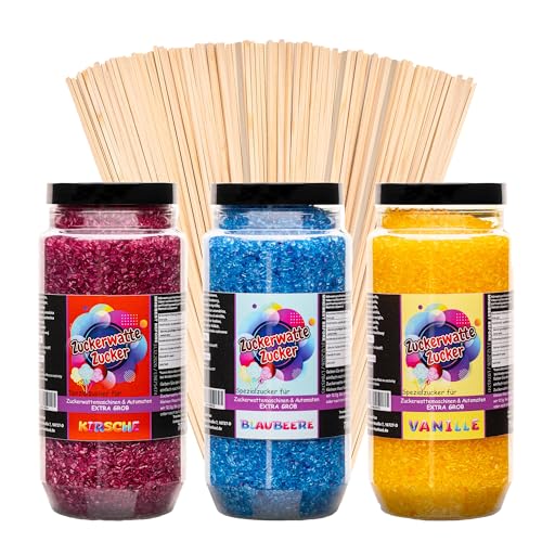 Zuckerwatte Zucker Set XL Grob 3x700 g mit 100 Stäben 2100 g (Blaubeere, Kirsche, Vanille) von Hopser Food Fun