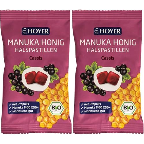 HOYER Manuka Honig Halspastillen Cassis Bio mit Propolis - Mit echtem Manukahonig, MGO 250+ - Wohltuend für Hals & Rachen - 30 g (Packung mit 2) von Hoyer