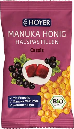 HOYER Manuka Honig Halspastillen Cassis Bio mit Propolis - Mit echtem Manukahonig, MGO 250+ - Wohltuend für Hals & Rachen - 30 g von Hoyer