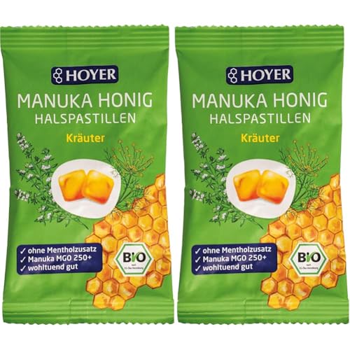 HOYER Manuka Honig Halspastillen Kräuter Bio ohne Mentholzusatz - Mit echtem Manukahonig, MGO 250+ - Wohltuend für Hals & Rachen - 30 g (Packung mit 2) von Hoyer