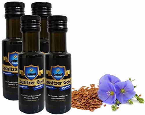 Leinöl Lausitzer Speiseleinöl Lausitzer Gold 4 x 100 ml ungefiltertes Premium Leinöl kaltgepresst und frisch abgefüllt von Hoyo Technology GmbH