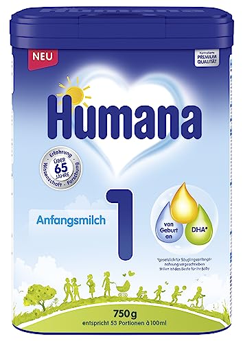 Humana Anfangsmilch 1, von Geburt an, Milchpulver für Säuglingsmilch, zusätzlich zur Muttermilch oder als alleinige Babynahrung, Anfangsnahrung mit DHA und nur Laktose, 750 g (Packung mit 6) von Humana