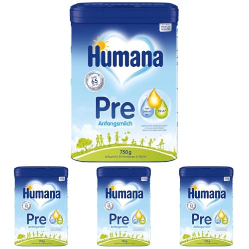 Humana Anfangsmilch Pre, von Geburt an, Milchpulver für Säuglingsmilch, zusätzlich zur Muttermilch oder als alleinige Pre Nahrung, Babynahrung mit DHA und nur Laktose, 750 g (Packung mit 4) von Humana