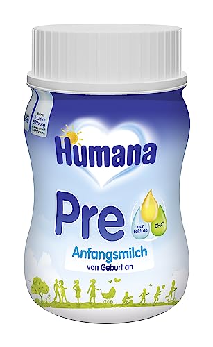Humana Anfangsmilch Pre trinkfertig, von Geburt an, trinkfertige Säuglingsmilch, zusätzlich zur Muttermilch oder als alleinige Pre Nahrung, Babynahrung mit DHA und nur Laktose, 24 x 90 ml von Humana