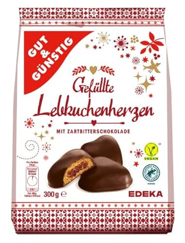 Hunde EDEKA G&G Lebkuchen gefüllt Vegan 300g | Gut und Günstig Lebkuchenherzen mit Aprikosen gefüllt und Zartbitterschokolade Kakao aus nachhaltigem Anbau von Hunde