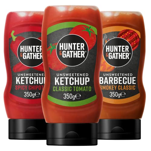 Hunter & Gather Ungesüsster Saucen 3x350g | Tomatenketchup, Gewürzketchup, BBQ | Ketogen, Paläo, Kohlenhydratarm und Veganfreundlich | Frei von Zucker, mit Salz aus der Salt Range Pakistan von Hunter & Gather