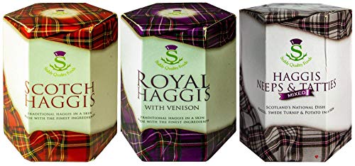 Schottische Haggis Packung mit 3: Traditionelle, Traditionelle mit Wildbret und Traditionelle mit Neeps & Tatties Haggis Mix Schottisches Essen Geschenke Schottlands Nationalgericht von I LUV LTD