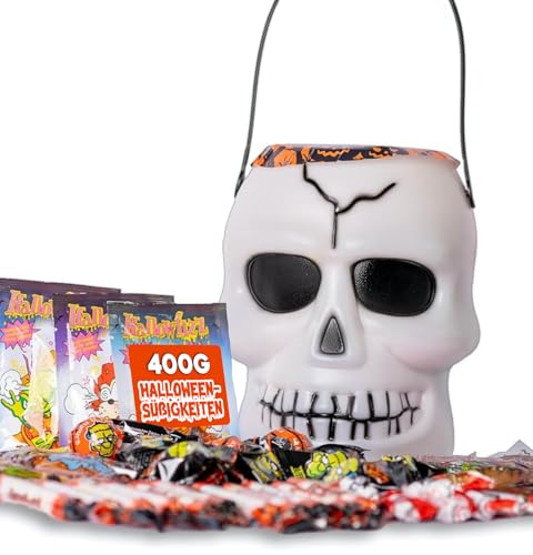 Halloween-Schädel gefüllt mit verschiedenen Süßigkeiten | Halloween süßigkeiten | Totenkopf + 400 Gramm Süßigkeiten und Süßigkeiten für Halloween. Halloween Kürbis [IAMI] von IAMI