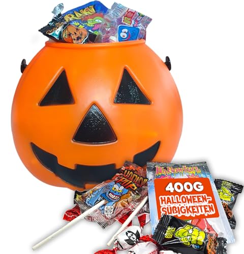 Kürbis Halloween gefüllt mit verschiedenen Süßigkeiten | Halloween Süßigkeiten | Kürbis + 400 Gramm Süßigkeiten und Leckereien für Halloween [IAMI] von IAMI