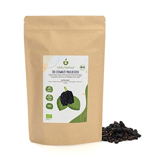 BIO Maulbeeren Schwarz (500g), Getrocknete Schwarze Maulbeeren aus biologischem Anbau, 100% Natürlich und Rein, Verzehrfertiger Fruchtsnack, Vegan von IDDA Herbal