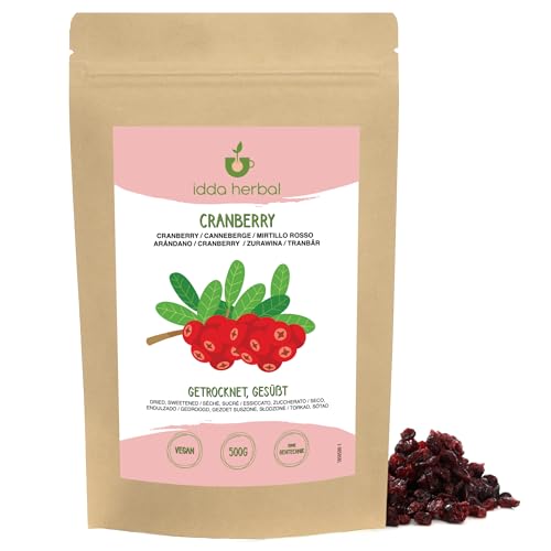 Cranberries getrocknet (500g), Ganze Cranberry mit Apfelsaft gesüßt, Weich und zäh, Verzehrfertiger Fruchtsnack, Vegan von IDDA Herbal