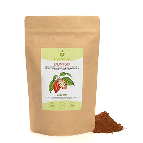 Kakaopulver (500g), Ungesüßtes Kakao Pulver, 10–12% Kakaobutter, Gemahlene rohe Kakaobohnen, 100% Natürlich und rein, Vegan von IDDA Herbal