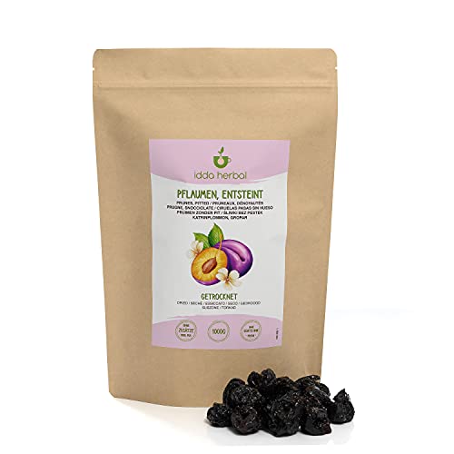 Pflaumen getrocknet (1kg), Ganze entkernte Pflaumen, Ungesüßt und ungeschwefelt, 100% Natürlich und rein, Verzehrfertiger Fruchtsnack, Vegan von IDDA Herbal