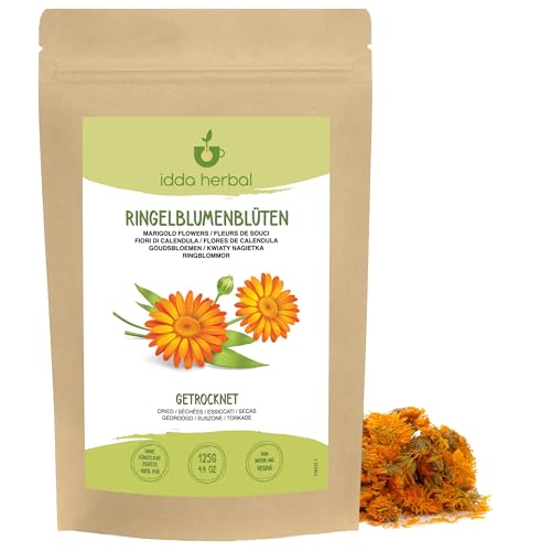 Ringelblumenblüten Loser Tee (125g), Ringelblumen Blüten getrocknet, 100% Natürliche und reine Calendula zur Zubereitung von Kräutertee und Ringelblumentee von IDDA Herbal