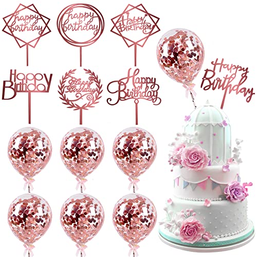 IEALODS 14 Stück Rose Gold Geburtstag Kuchen Topper, 7 Stück Acryl Kuchen Topper mit 7 Stück Konfetti Ballon, Happy Birthday Kuchen Supplies Dekorationen Set von IEALODS