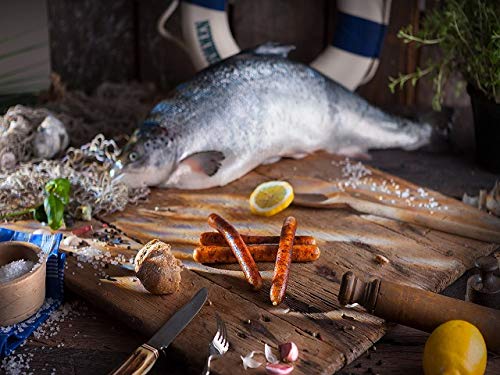 Klaassen Küstenbruzzler Knoblauch, Lachsbratwurst mit Knoblauch, Fischbratwurst, küchenfertig, 400g (5-6 Stück) von IHR FACHGESCHÄFT KLAASSEN