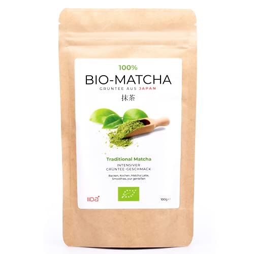 IIDA® Bio Matcha Pulver aus Japan - 100g Matcha Tee im wiederverschließbaren Beutel - Ideal für Matcha Latte, Smoothies, Müsli, sowie zum Backen und Kochen von IIDA