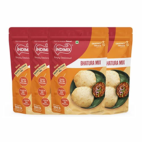 INDIMIX Instant Ready to Cook Bhatura-Mix, gesunde und leckere Bhatura Atta, Mehrkornmehl, 100 % natürlich ohne Konservierungsstoffe, 500 g (4 Stück) von INDIMIX