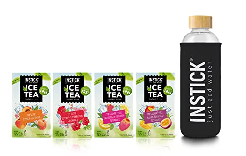 INSTICK Ice Tea | Zuckerfreies Instant-Getränk | Bundle S Eistee + Glasflasche Borosilikat 1 L | 4x12 Sticks - 1 Stick für 0,5-1 L | Getränkepulver - vegan, kalorienarm, mit Vitamin C, aromatisiert von INSTICK just add water