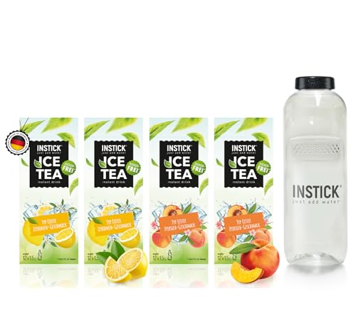 INSTICK Ice Tea | Zuckerfreies Instant-Getränk - Eistee Pfirsich & Eistee Zitrone + Flasche 1L - 4x12 Sticks - 1 Stick für 1,5-2,5L | Getränkepulver - vegan, kalorienarm, mit Vitamin C, aromatisiert von INSTICK just add water