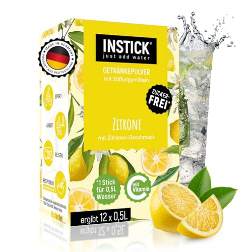 INSTICK Zuckerfreies Instant-Getränk (Zitrone) - 1 Packung für 12 x 0,5-1 L - Veganes Getränkepulver Kalorienarm & Vitamin C - Instant-Pulver von INSTICK just add water