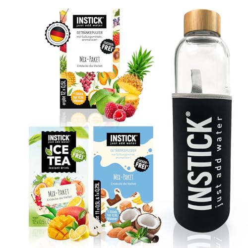 INSTICK | Zuckerfreies Instant-Getränk | 3 Mix-Pakete + Glasflasche Borosilikat 1 L | 3x12 Sticks - 1 Stick für 0,5-1 L | Getränkepulver - vegan, kalorienarm, mit Vitamin C, aromatisiert von INSTICK just add water