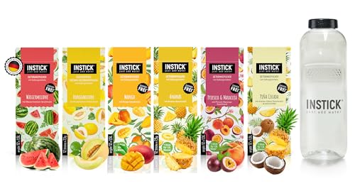 INSTICK | Zuckerfreies Instant-Getränk - 6 Klassik Sorten + Tritan Trinkflasche 1 L - 6x12 Sticks - 1 Stick für 1,5-2,5 L | Getränkepulver - vegan, kalorienarm, mit Vitamin C, aromatisiert von INSTICK just add water