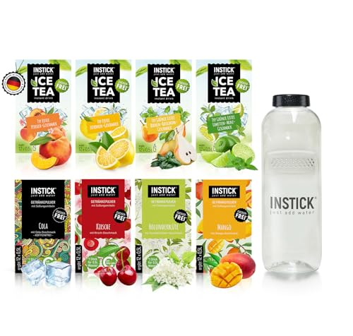 INSTICK | Zuckerfreies Instant-Getränk | Bundle S Eistee & Klassik + Tritan Trinkflasche 1 L | 8x12 Sticks - 1 Stick für 0,5-1L | Getränkepulver - vegan, kalorienarm, mit Vitamin C, aromatisiert von INSTICK just add water