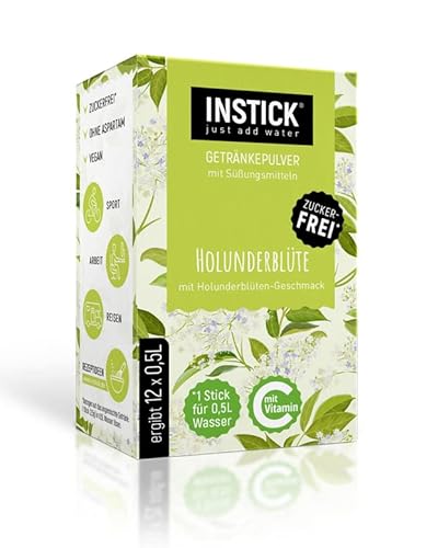 INSTICK Zuckerfreies Instant-Getränk (Holunderblüte) - 1 Packung für 12 x 0,5-1 L - Veganes Getränkepulver Kalorienarm & Vitamin C - Instant-Pulver von INSTICK just add water