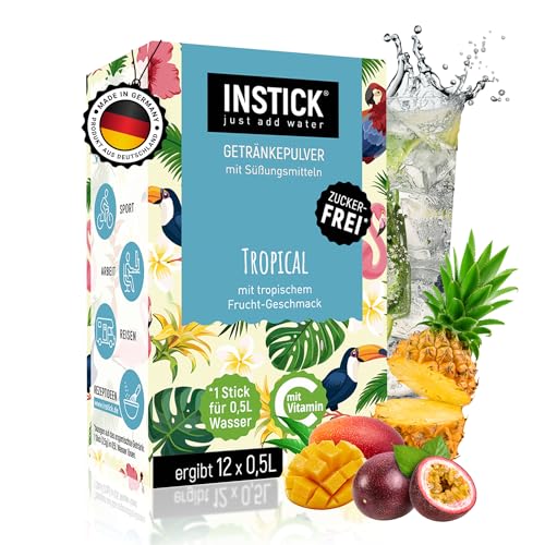 INSTICK Zuckerfreies Instant-Getränk (Tropical) - 1 Packung für 12 x 0,5-1 L - Veganes Getränkepulver Kalorienarm & Vitamin C - Instant-Pulver von INSTICK just add water