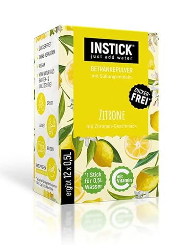 INSTICK Zuckerfreies Instant-Getränk (Zitrone) - 1 Packung für 12 x 0,5-1 L - Veganes Getränkepulver Kalorienarm & Vitamin C - Instant-Pulver von INSTICK just add water