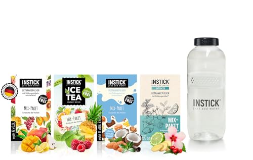 INSTICK | Zuckerfreies Instant-Getränk | Bundle mit 4 Mix-Paketen + Trinkflasche 0,5 L - 4x12 Sticks - 1 Stick für 0,5-1 L | Getränkepulver - vegan, kalorienarm, mit Vitamin C, aromatisiert von INSTICK just add water