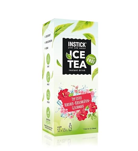 INSTICK Ice Tea | Zuckerfreies Instant-Getränk - Eistee Hibiskus & Kirschblüte | Schwarzer Tee | 1 Packung für 12 x 1,5-2,5 L | Getränkepulver - vegan, kalorienarm, mit Vitamin C, aromatisiert von INSTICK just add water