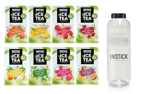 INSTICK Ice Tea | Zuckerfreies Instant-Getränk | Bundle S Eistee + Tritan Trinkflasche 1 L | 8x12 Sticks- 1 Stick für 0,5-1 L | Getränkepulver - vegan, kalorienarm, mit Vitamin C, aromatisiert von INSTICK just add water