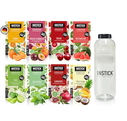 INSTICK | Zuckerfreies Instant-Getränk | Bundle S Klassik + Tritan Trinkflasche 1 L | 8x12 Sticks - 1 Stick für 0,5-1L | Getränkepulver - vegan, kalorienarm, mit Vitamin C, aromatisiert von INSTICK just add water