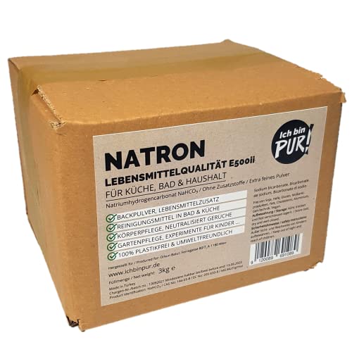 IchbinPUR – Natron 3kg, Extra feines Pulver, für Küche, Bad, Haushalt und DIY-Kosmetik, in Lebensmittelqualität E500ii, Backpulver, Natriumhydrogencarbonat, Ohne Zusatzstoffe,PLASTIKFREI von IchbinPUR