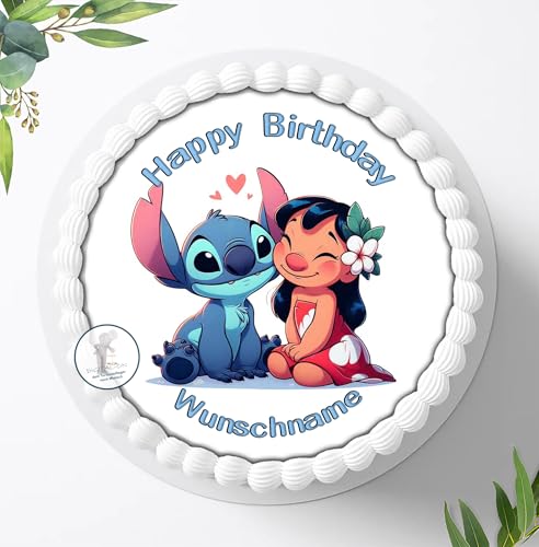 Tortenbild, Zuckerbild kompatibel mit: Lilo & Stitch mit Wunschnamen, Essbares Foto für Torten, Tortenbild, Tortenaufleger Ø 20cm - 1667z von Ihr Onlineshop Digital-on 24