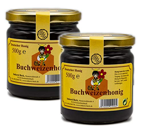 ImkereiBeck® Echter Deutscher Imkerhonig - Dunkler, fast schwarzer, kräftig würziger Buchweizenhonig / 2 x 500g Honig vom Imker aus Bayern von Imkerei Beck