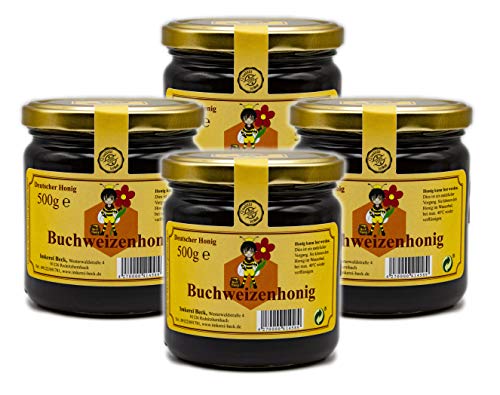 ImkereiBeck® Echter Deutscher Imkerhonig - Dunkler, fast schwarzer, kräftig würziger Buchweizenhonig / 4 x 500g Honig vom Imker aus Bayern von Imkerei Beck